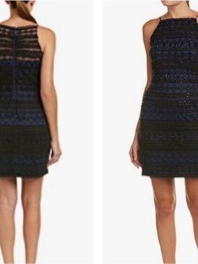 Aidan Mattox Black & Navy Lace and bead Overlay Halter Dress